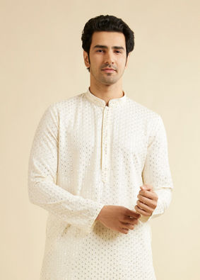 alt message - Manyavar Men Warm White Petal String Patterned Kurta Set with Mirror Work image number 0